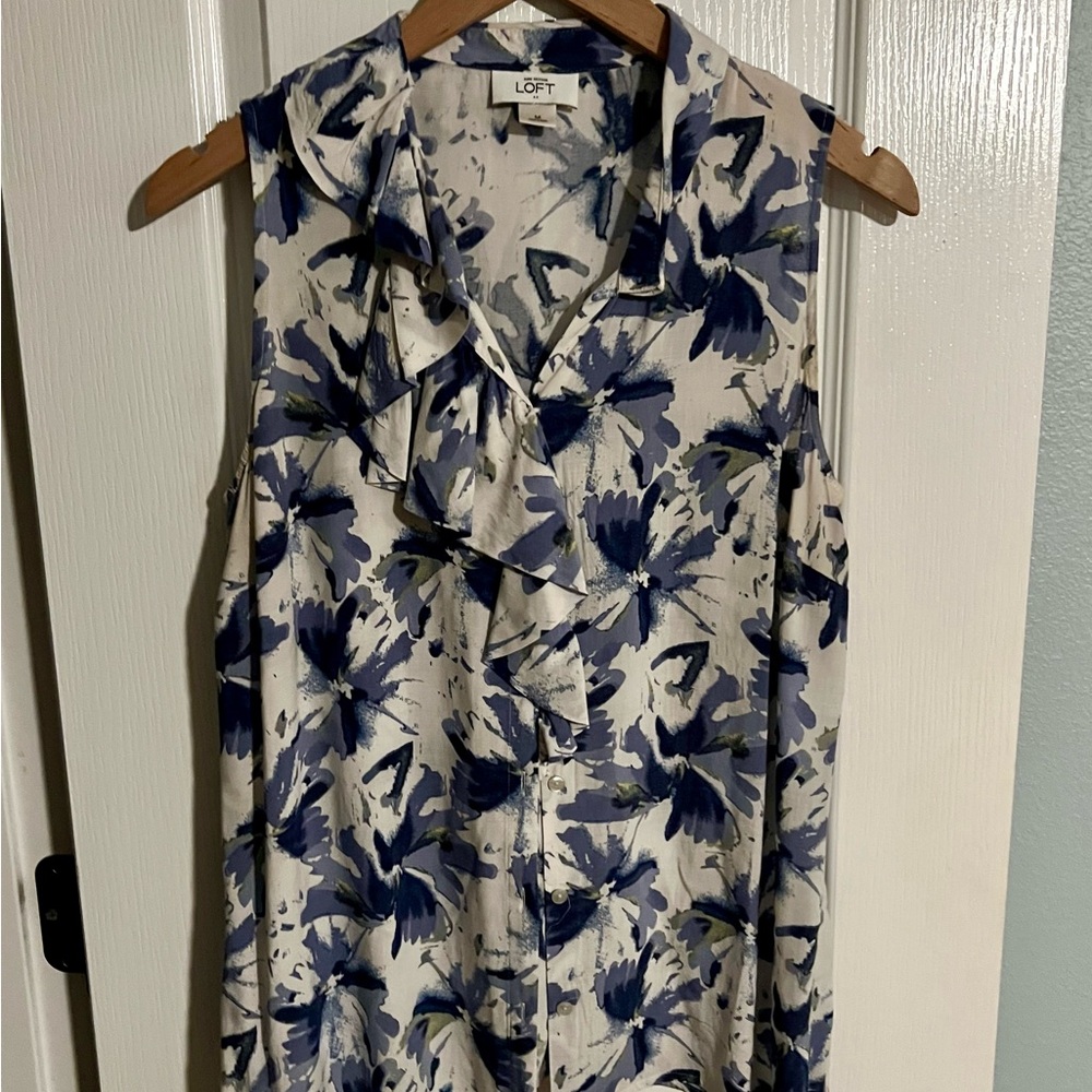 LOFT Sleeveless Blouse with Blue Floral Print